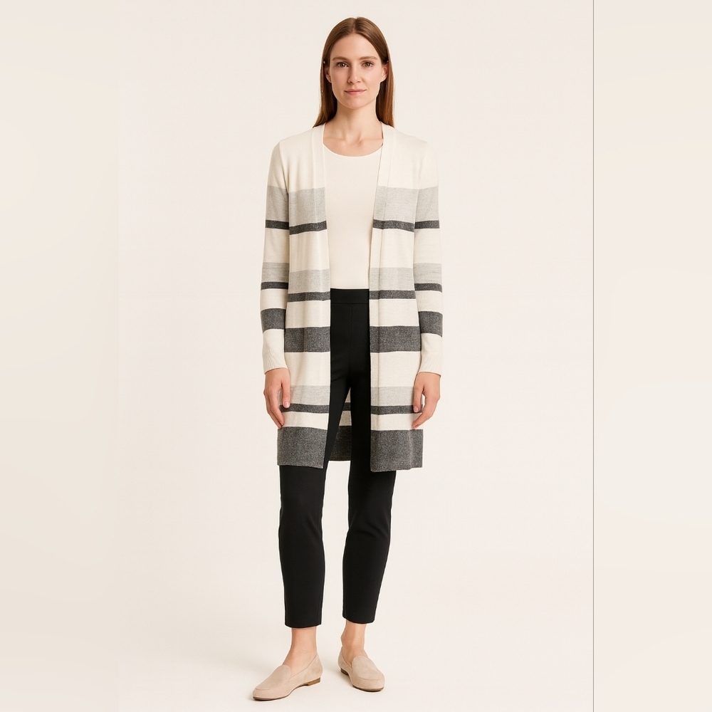 LOFT Cardigan XS Cream Gray Striped Longline Open Front Wool Minimalist Neutral